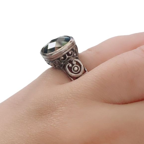 VTG 925 Sterling Silver Faceted Onyx Scroll Filigree Ring Size 6.75 Wide Band - Picture 2 of 11